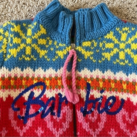 Benetton Barbie Girls Knit Cardigan Sweater Size 8 Pink Nordic Hearts Snowflake - Picture 2 of 10